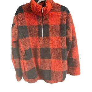 Women's red Plaid Sherpa Fleece Zip Sweatshirt Pockets Pullover Jacket L